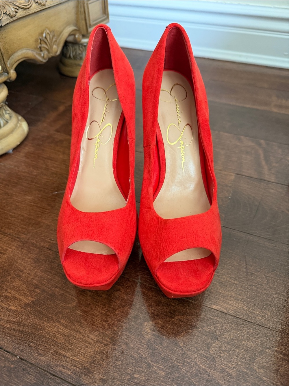 Jessica Simpson Red Suede Peep-Toe Platform Pumps
